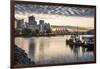 View of Canada Place and urban office buildings at sunset from CRAB Park, Vancouver, British Columb-Frank Fell-Framed Photographic Print