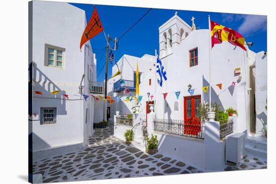 View of chapel and whitewashed narrow street, Mykonos Town, Mykonos, Cyclades Islands, Aegean Sea-Frank Fell-Stretched Canvas