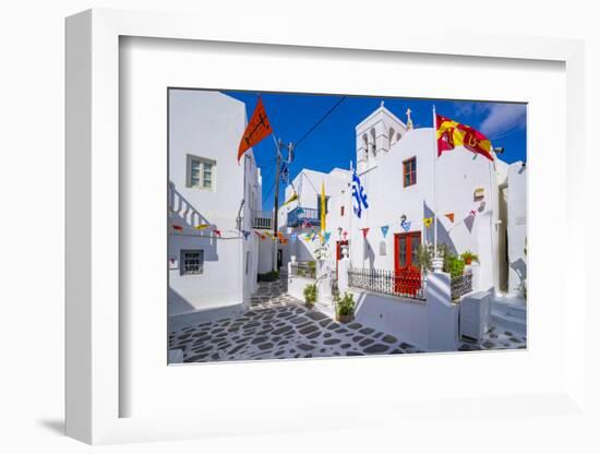 View of chapel and whitewashed narrow street, Mykonos Town, Mykonos, Cyclades Islands, Aegean Sea-Frank Fell-Framed Photographic Print