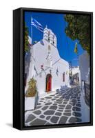 View of chapel and whitewashed narrow street, Mykonos Town, Mykonos, Cyclades Islands, Aegean Sea-Frank Fell-Framed Stretched Canvas