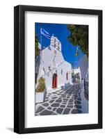 View of chapel and whitewashed narrow street, Mykonos Town, Mykonos, Cyclades Islands, Aegean Sea-Frank Fell-Framed Photographic Print