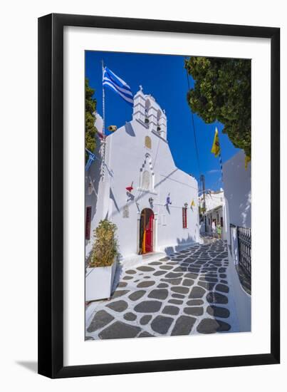 View of chapel and whitewashed narrow street, Mykonos Town, Mykonos, Cyclades Islands, Aegean Sea-Frank Fell-Framed Photographic Print