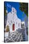 View of chapel and whitewashed narrow street, Mykonos Town, Mykonos, Cyclades Islands, Aegean Sea-Frank Fell-Stretched Canvas