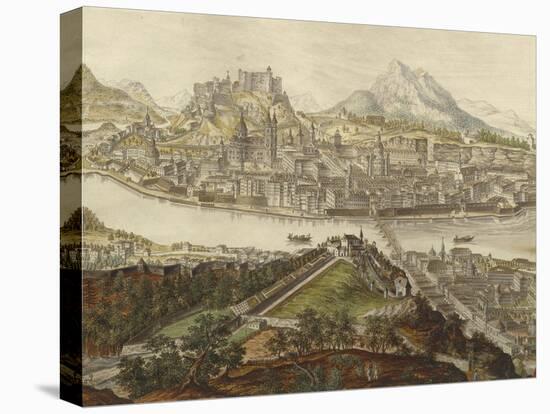 View of City of Salzburg on Salzach River with Old City and Hohensalzburg Fortress-null-Stretched Canvas