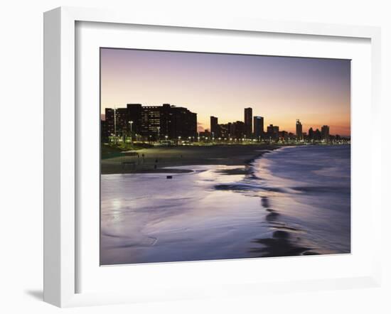 View of City Skyline and Beachfront at Sunset, Durban, Kwazulu-Natal, South Africa-Ian Trower-Framed Photographic Print