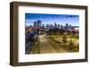 View of city skyline and Vancouver Lookout Tower at dusk from Portside, Vancouver, British Columbia-Frank Fell-Framed Photographic Print