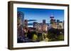 View of city skyline and Vancouver Lookout Tower at dusk from Portside, Vancouver, British Columbia-Frank Fell-Framed Photographic Print