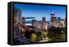 View of city skyline and Vancouver Lookout Tower at dusk from Portside, Vancouver, British Columbia-Frank Fell-Framed Stretched Canvas