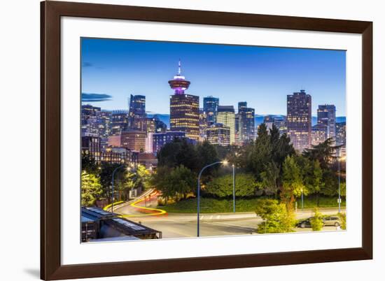 View of city skyline and Vancouver Lookout Tower at dusk from Portside, Vancouver, British Columbia-Frank Fell-Framed Photographic Print