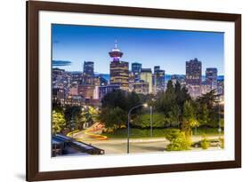 View of city skyline and Vancouver Lookout Tower at dusk from Portside, Vancouver, British Columbia-Frank Fell-Framed Photographic Print