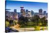 View of city skyline and Vancouver Lookout Tower at dusk from Portside, Vancouver, British Columbia-Frank Fell-Stretched Canvas