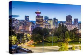 View of city skyline and Vancouver Lookout Tower at dusk from Portside, Vancouver, British Columbia-Frank Fell-Stretched Canvas