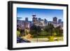 View of city skyline and Vancouver Lookout Tower at dusk from Portside, Vancouver, British Columbia-Frank Fell-Framed Photographic Print