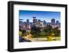 View of city skyline and Vancouver Lookout Tower at dusk from Portside, Vancouver, British Columbia-Frank Fell-Framed Photographic Print