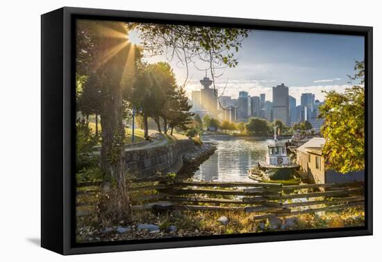 View of city skyline and Vancouver Lookout Tower from CRAB Park at Portside, Vancouver, British Col-Frank Fell-Framed Stretched Canvas