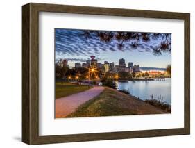 View of city skyline and Vancouver Lookout Tower from CRAB Park at Portside, Vancouver, British Col-Frank Fell-Framed Photographic Print