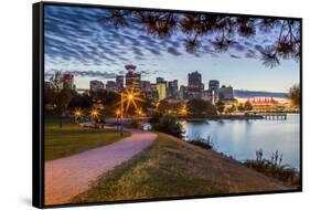 View of city skyline and Vancouver Lookout Tower from CRAB Park at Portside, Vancouver, British Col-Frank Fell-Framed Stretched Canvas