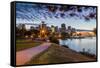 View of city skyline and Vancouver Lookout Tower from CRAB Park at Portside, Vancouver, British Col-Frank Fell-Framed Stretched Canvas