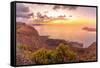 View of coastline, sunset and Atlantic Ocean from Mirador del Rio, Lanzarote, Las Palmas-Frank Fell-Framed Stretched Canvas