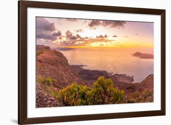 View of coastline, sunset and Atlantic Ocean from Mirador del Rio, Lanzarote, Las Palmas-Frank Fell-Framed Photographic Print