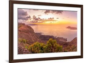 View of coastline, sunset and Atlantic Ocean from Mirador del Rio, Lanzarote, Las Palmas-Frank Fell-Framed Photographic Print