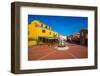 View of colourful buildings in Piazza Mediterraneo, San Teodoro, Sardinia, Italy, Mediterranean-Frank Fell-Framed Photographic Print