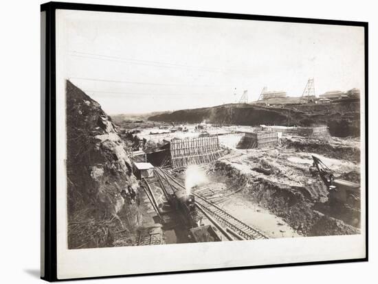 View of Construction of the Panama Canal with Concrete Forms, Trains, Digging Machines and…-Byron Company-Stretched Canvas