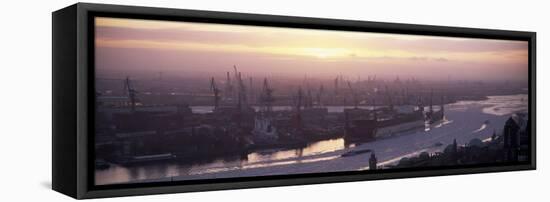 View of Container Ships in River, Elbe River, Landungsbrucken, Hamburg Harbour, Hamburg, Germany-null-Framed Stretched Canvas