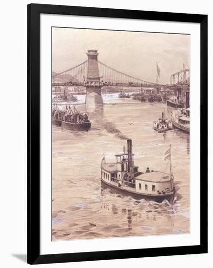 View of Danube River in Budapest, Hungary 19th Century Watercolour-null-Framed Giclee Print