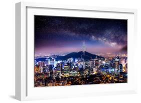 View of Downtown Cityscape and Seoul Tower with Milky Way in Seoul, South Korea.-Guitar photographer-Framed Photographic Print