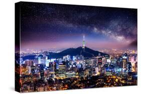 View of Downtown Cityscape and Seoul Tower with Milky Way in Seoul, South Korea.-Guitar photographer-Stretched Canvas