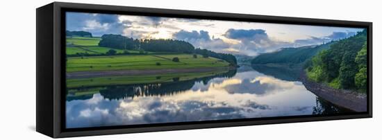 View of dramatic clouds reflecting in Ladybower Reservoir at sunset, Peak District National Park-Frank Fell-Framed Stretched Canvas