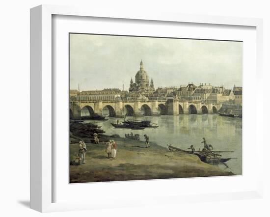 View of Dresden from the Right Bank of the River Elbe Downriver of the Augustusbruecke, 1748-Canaletto-Framed Giclee Print