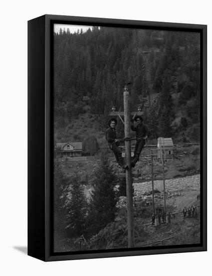 View of Electricians Fixing Wired Pole - Sawyers Bar, CA-Lantern Press-Framed Stretched Canvas
