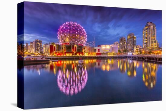 View of False Creek and Vancouver skyline, including World of Science Dome at dusk, Vancouver, Brit-Frank Fell-Stretched Canvas