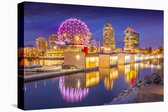 View of False Creek and Vancouver skyline, including World of Science Dome at dusk, Vancouver, Brit-Frank Fell-Stretched Canvas