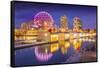 View of False Creek and Vancouver skyline, including World of Science Dome at dusk, Vancouver, Brit-Frank Fell-Framed Stretched Canvas