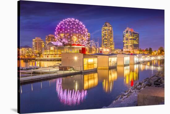 View of False Creek and Vancouver skyline, including World of Science Dome at dusk, Vancouver, Brit-Frank Fell-Stretched Canvas