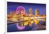 View of False Creek and Vancouver skyline, including World of Science Dome at dusk, Vancouver, Brit-Frank Fell-Framed Photographic Print