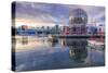 View of False Creek and Vancouver skyline, including World of Science Dome, Vancouver, British Colu-Frank Fell-Stretched Canvas