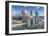 View of False Creek and Vancouver skyline, including World of Science Dome, Vancouver, British Colu-Frank Fell-Framed Photographic Print