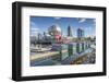 View of False Creek and Vancouver skyline, including World of Science Dome, Vancouver, British Colu-Frank Fell-Framed Photographic Print