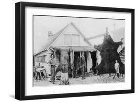 View of Family with Bear Skins - Alaska-Lantern Press-Framed Art Print