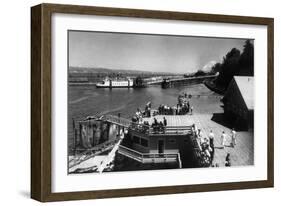 View of Ferry Landing, Mt. Rainier from Point Defiance - Tacoma, WA-Lantern Press-Framed Art Print