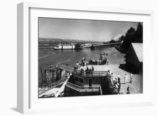 View of Ferry Landing, Mt. Rainier from Point Defiance - Tacoma, WA-Lantern Press-Framed Art Print