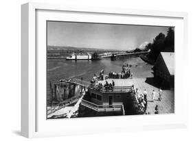 View of Ferry Landing, Mt. Rainier from Point Defiance - Tacoma, WA-Lantern Press-Framed Art Print