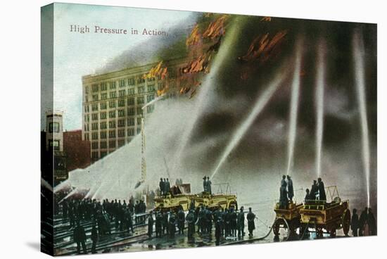 View of Firefighters Spraying an Enormous Blaze-Lantern Press-Stretched Canvas