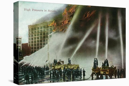 View of Firefighters Spraying an Enormous Blaze-Lantern Press-Stretched Canvas