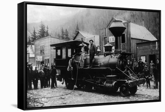 View of First Locomotive in Alaska - Skagway, AK-Lantern Press-Framed Stretched Canvas