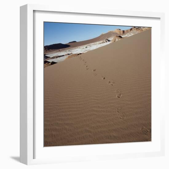 View of footprints leading over a sand dune-null-Framed Photographic Print